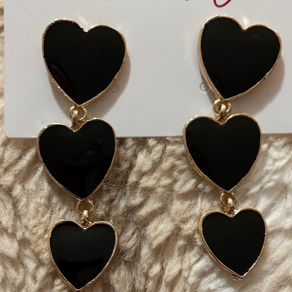 Ashley Cooper Black and Gold Triple Heart Earrings